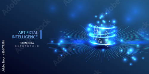 Ai technology banner background. Futuristic design with circuit board text. Artificial intelligence blue vector illustration.