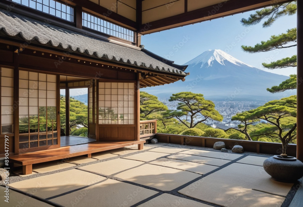 A traditional Japanese teahouse with a zen garden and a view of Mount Fuji. A traditional Japanese teahouse with a zen garden and a view of Mount Fuji.