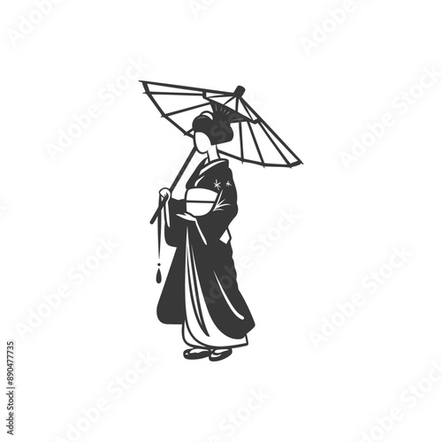 minimalist japanese women wearing kimono line art icon logo symbol