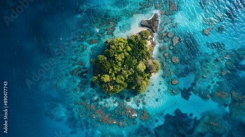 Aerial View of a Tropical Island Surrounded by Turquoise Water.