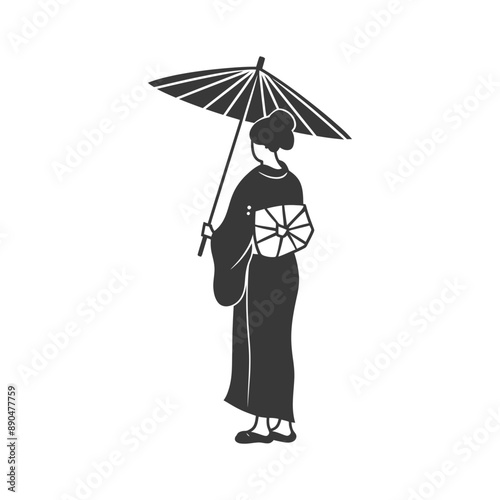 minimalist japanese women wearing kimono line art icon logo symbol
