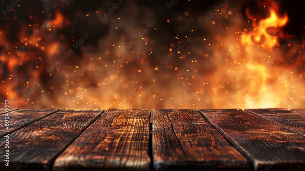 Blank wooden table with fire burning at the edge of the table, fire sparks and smoke with flames on a dark background to display products Blank wooden table with fire burning at the edge of the table, fire sparks and smoke with flames on a dark background to display products
