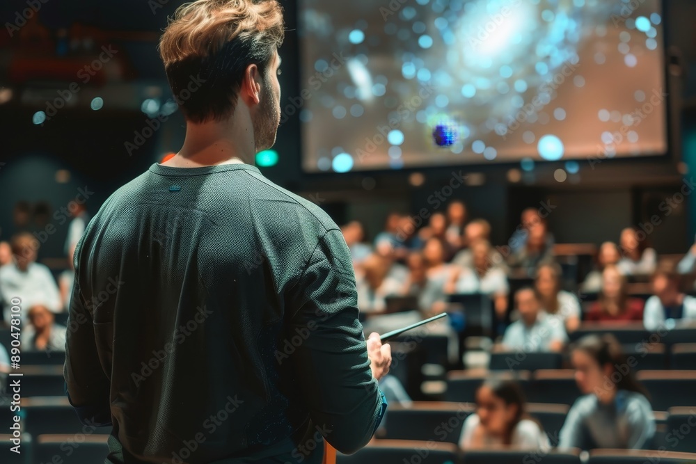 A professor giving a lecture about space galaxies and the universe. A professor giving a lecture about space galaxies and the universe.