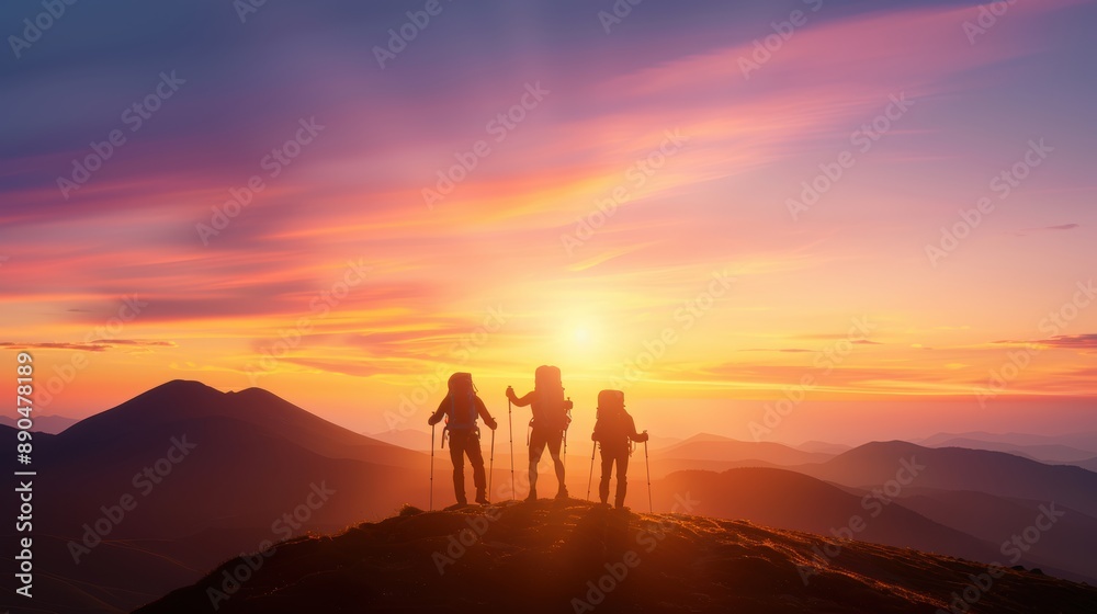 Silhouette of three hikers with backpacks watching a colorful sunset over mountain peaks, symbolizing adventure and nature. Silhouette of three hikers with backpacks watching a colorful sunset over mountain peaks, symbolizing adventure and nature.