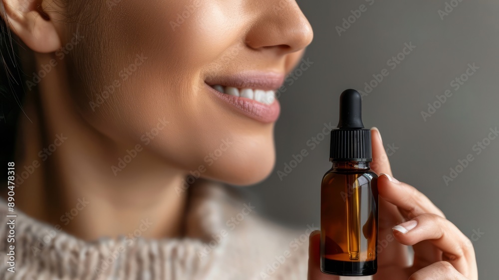 Fototapeta premium Banner open serum bottle in womans hands side view. The concept of natural cosmetics, body care, spa treatments.