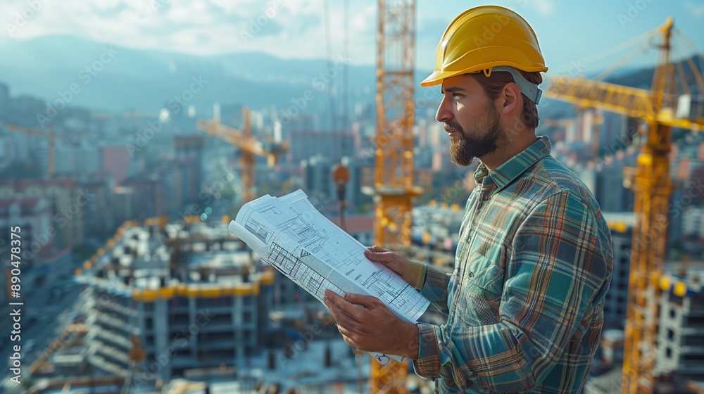 Construction Worker Reviewing Building Plans on Rooftop