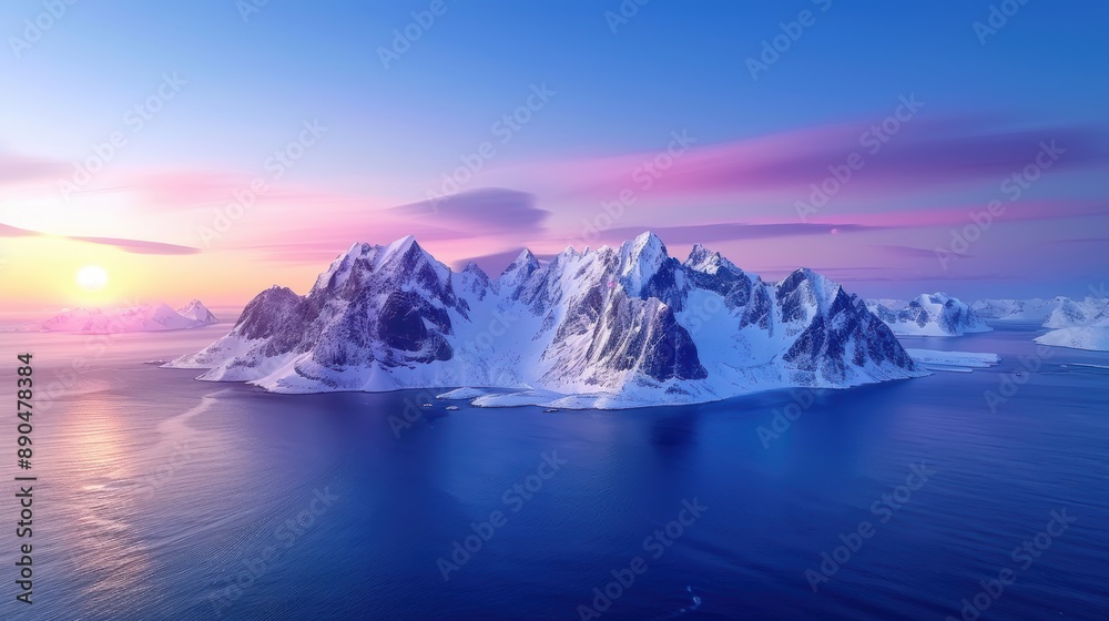 A breathtaking view of a snow-covered icy island in the middle of a calm sea, under a colorful sunset or sunrise sky. A breathtaking view of a snow-covered icy island in the middle of a calm sea, under a colorful sunset or sunrise sky.