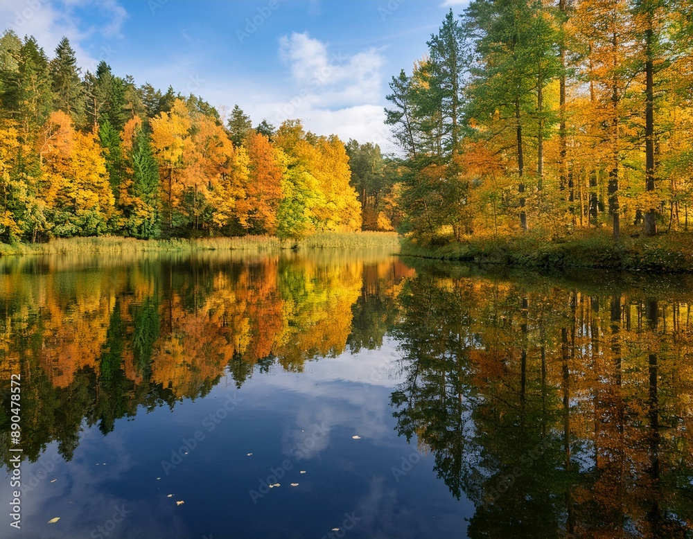 Herbstwald, Spiegelung im Wasser Herbstwald, Spiegelung im Wasser