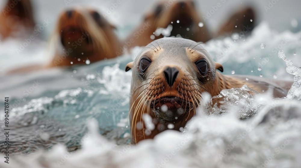 Fototapeta premium A group of lively sea lions are seen playfully swimming and splashing water, with one sea lion in particular looking directly at the camera lens, capturing the moment.
