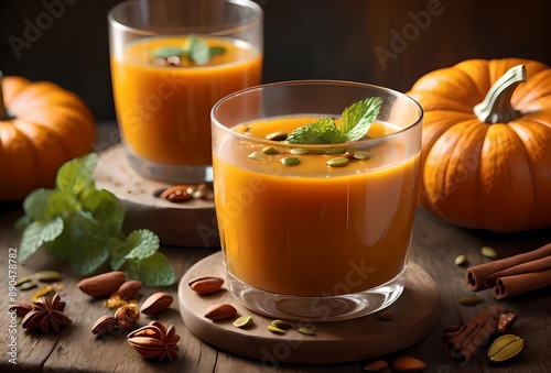 pumpkin juice in a glass on a wooden table