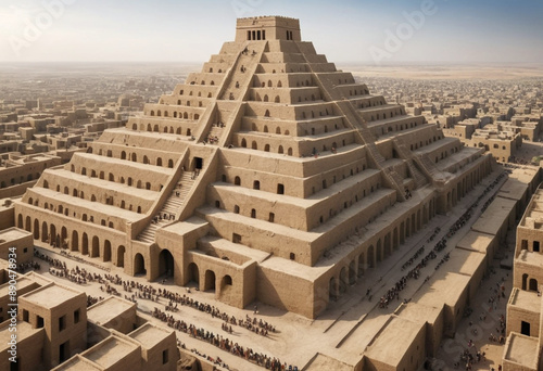  A mudbrick ziggurat rising above a bustling Mesopotamian city. 