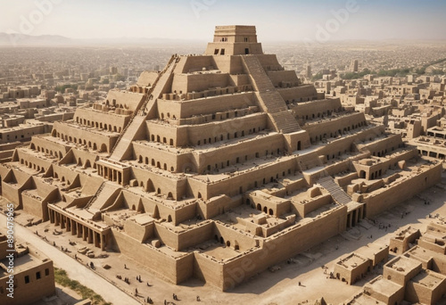  A mudbrick ziggurat rising above a bustling Mesopotamian city.  photo