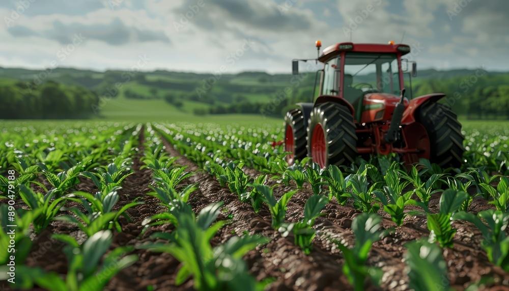 A red tractor harvests a bountiful field, showcasing the power of agriculture and the importance of sustainable farming practices The image depicts a farmer diligently collecting the fruits of their A red tractor harvests a bountiful field, showcasing the power of agriculture and the importance of sustainable farming practices The image depicts a farmer diligently collecting the fruits of their