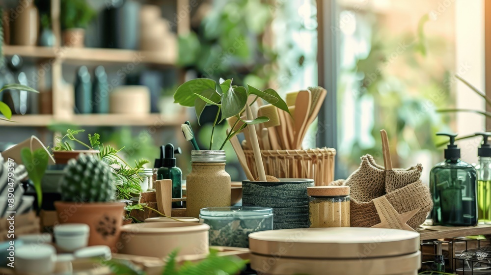 Fototapeta premium Eco-friendly products displayed on a table, emphasizing the importance of choosing green alternatives