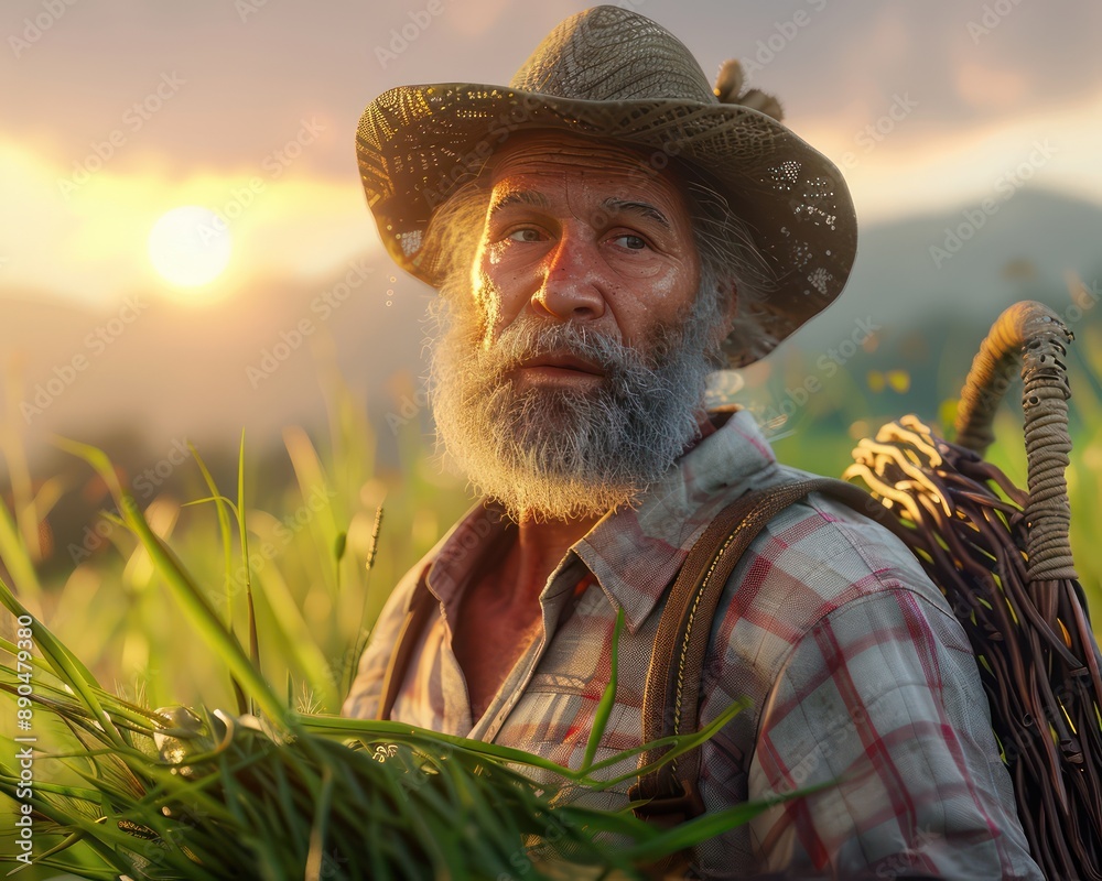 Fototapeta premium Experienced Agriculturist Harvesting Abundant Crops in a Lush Green Field, Embracing the Cycle of Growth and Renewal, A Symbol of Sustainable Farming and Nature's Bounty