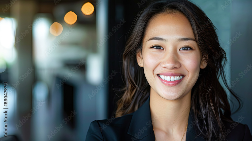 Fototapeta premium Portrait of Beautiful Smiling Young Asian Businesswoman in Office Building Lobby
