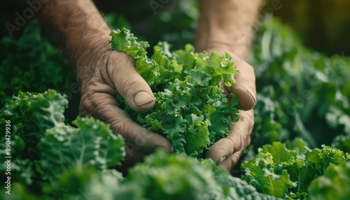 Hands Carefully Gather Fresh Kale, Representing Sustainable and Healthy Farming Practices, A Symbol of Organic Produce and Local Agriculture