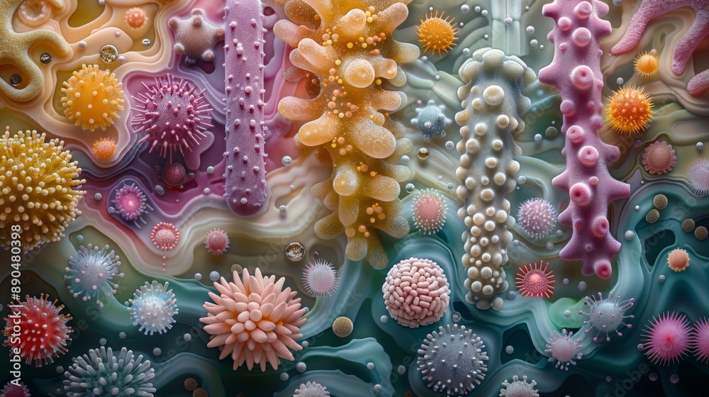 Microbe Texture Colorful and diverse bacterial forms in a detailed microscopic view ...