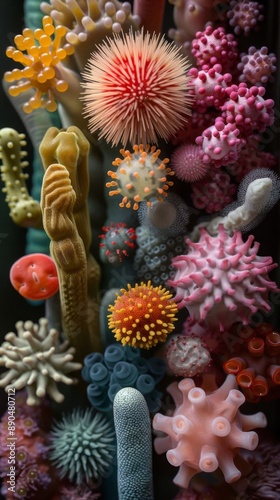 A detailed 3D visualization of various bacteria types, showcasing the diverse shapes and colors commonly seen in microbiology. © Vladimir