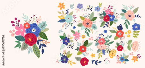 Beautiful romantic flower collection with roses, leaves, floral bouquets, flower compositions.	