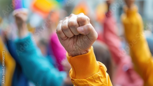 A vibrant protest scene with raised fists representing unity and strength among a crowd, featuring multicolored signs and banners in the background for added dynamism.