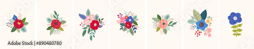 Beautiful romantic flower collection with roses, leaves, floral bouquets, flower compositions.	
