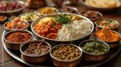 A colorful Indian meal with rice, curry, and various spices served in traditional bowls. © YURY YUTY