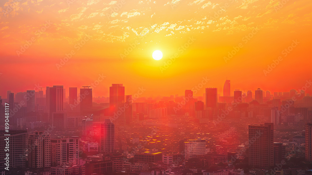 Fototapeta premium Aerial View Of City Skyline With Skyscrapers At Sunset Cityscape Urban Landscape Buildings Dusk Dawn Golden Hour Orange Sky Metropolis Architecture High Rise Towers Modern Business District China Asia