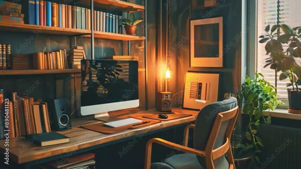 A wooden desk with a computer, books, plants, and framed artwork. A chair sits in the corner with natural light coming in from a window. A wooden desk with a computer, books, plants, and framed artwork. A chair sits in the corner with natural light coming in from a window.