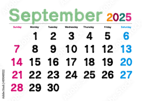 2025年9月の刺繍文字風カレンダー日曜始まり日本の祝日表記無し
