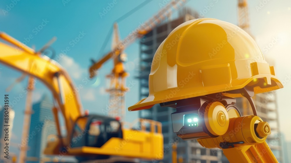 Construction site with robotic machinery and smart helmets, construction, future of work Construction site with robotic machinery and smart helmets, construction, future of work