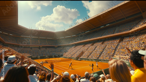 Exciting Tennis Match in a Packed Stadium