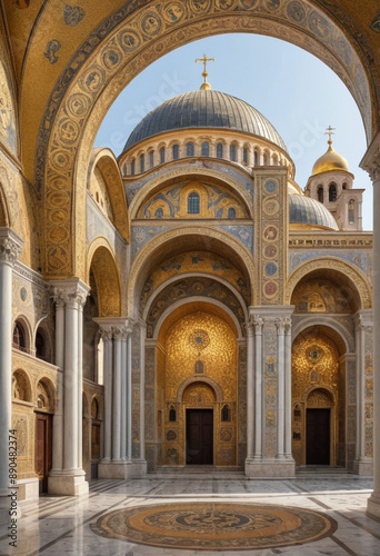  A majestic Byzantine cathedral adorned with golden mosaics and towering domes.  © jarntag