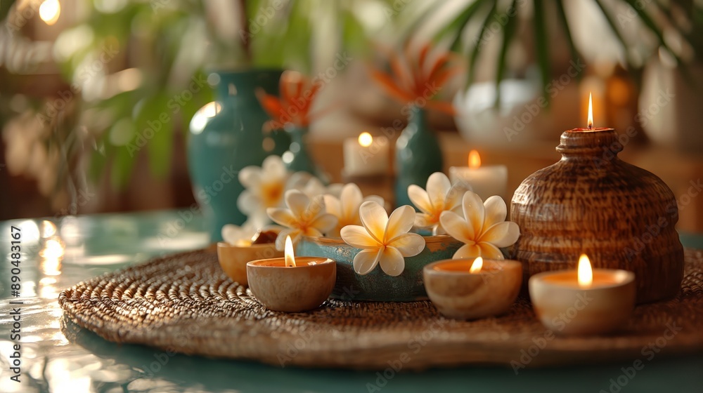 Obraz premium Lit candles and frangipani flowers on a wicker mat create a serene and calming ambiance.