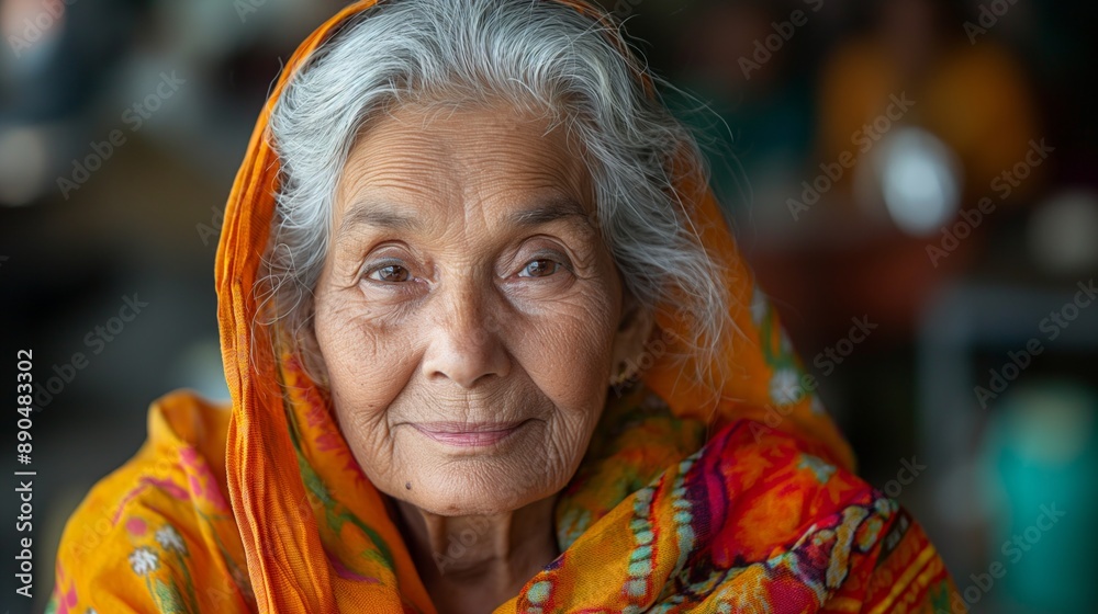Close-up portrait of an elderly Indian woman with grey hair, colorful scarf, and gentle smile. Close-up portrait of an elderly Indian woman with grey hair, colorful scarf, and gentle smile.