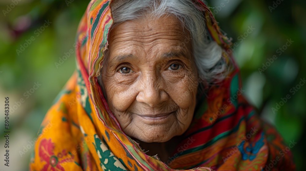 An elderly Indian woman with a colorful scarf exudes warmth and wisdom. An elderly Indian woman with a colorful scarf exudes warmth and wisdom.