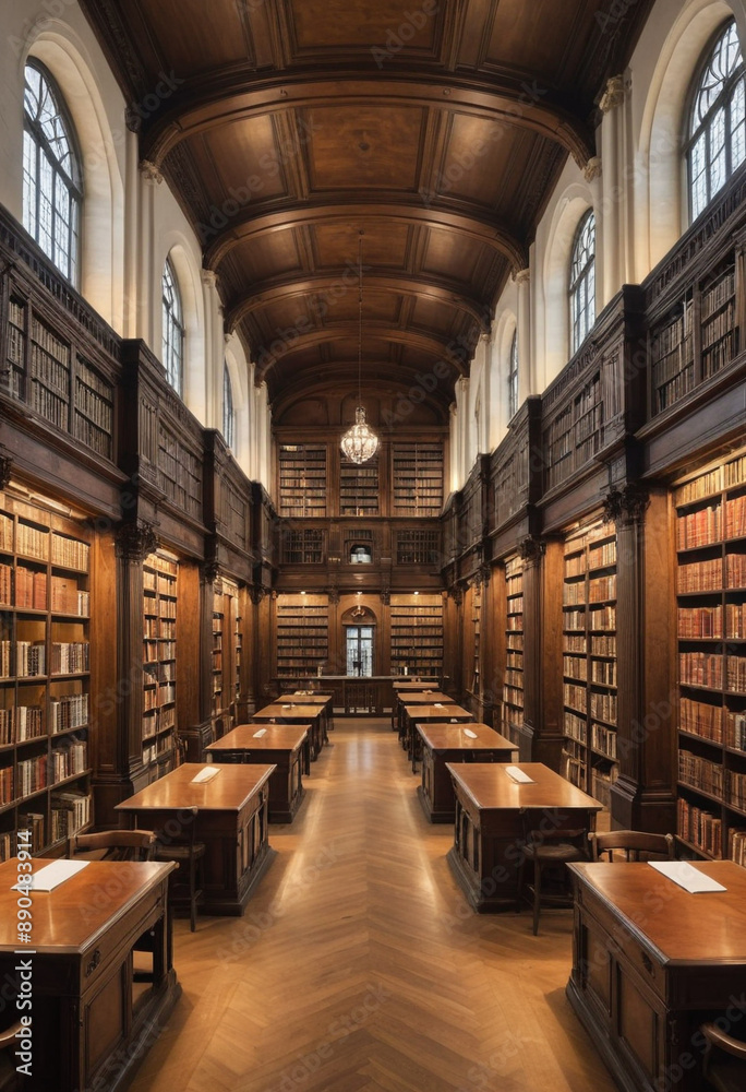 A historic university library with towering bookshelves and antique desks. A historic university library with towering bookshelves and antique desks.