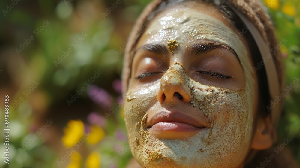 A woman enjoys a refreshing face mask while relaxing in a serene, flower-filled natural environment. A woman enjoys a refreshing face mask while relaxing in a serene, flower-filled natural environment.