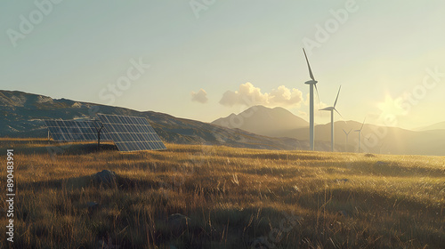 Environment green sustainable alternative wind solar environmental energy wind turbines extensive solar panel grassland, clear sky strong sunlight engineer technology