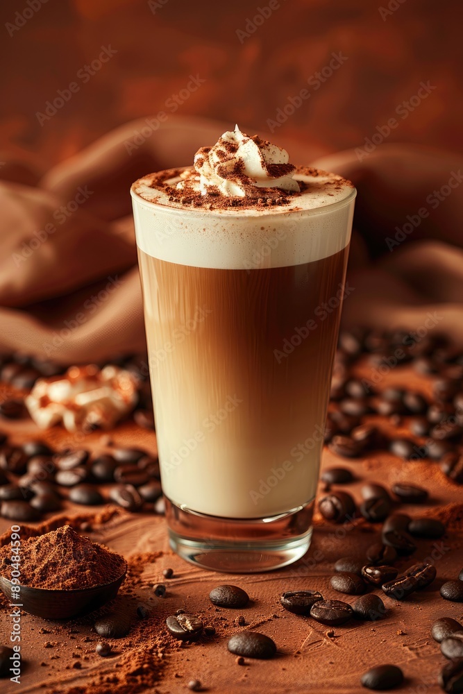 A frothy latte in a glass surrounded by coffee beans A frothy latte in a glass surrounded by coffee beans