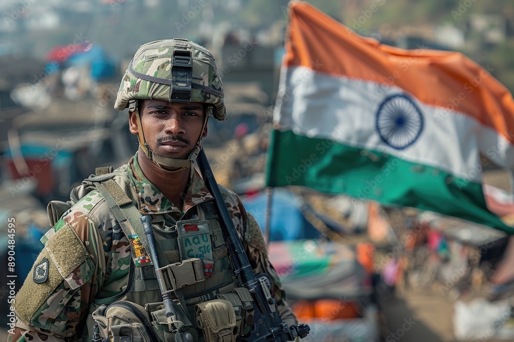 Fototapeta premium Indian soldier stands with flag background in military uniform