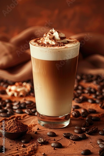 A frothy latte in a glass surrounded by coffee beans