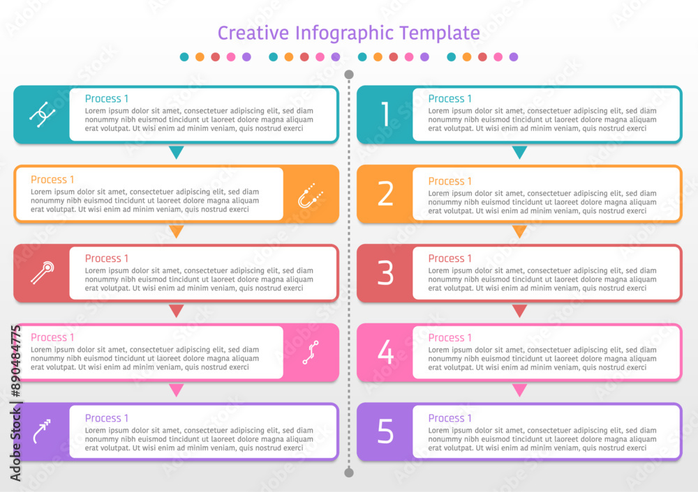 Creative infographic template, two sets of simple five colorful geometric banners, with text frame and symbols Creative infographic template, two sets of simple five colorful geometric banners, with text frame and symbols