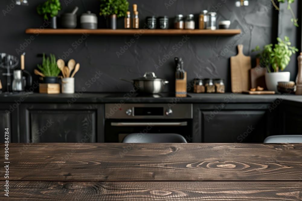 An empty wooden table on dark kitchen, a simple blur dark stylish background An empty wooden table on dark kitchen, a simple blur dark stylish background