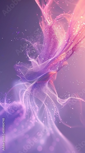 A particle system abstract background with a soft purple and pink gradient, displaying particles in an ethereal, flowing arrangement.