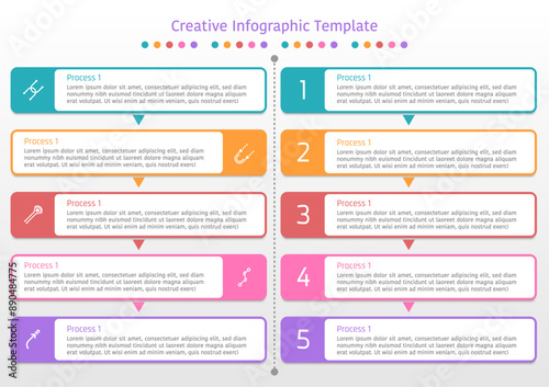 Creative infographic template, two sets of simple five colorful geometric banners, with text frame and symbols