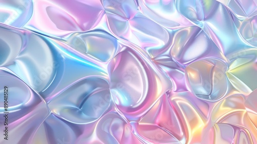 A playful 3D abstract background with holographic surfaces showcasing pastel rainbow colors, creating a whimsical and constantly changing design.