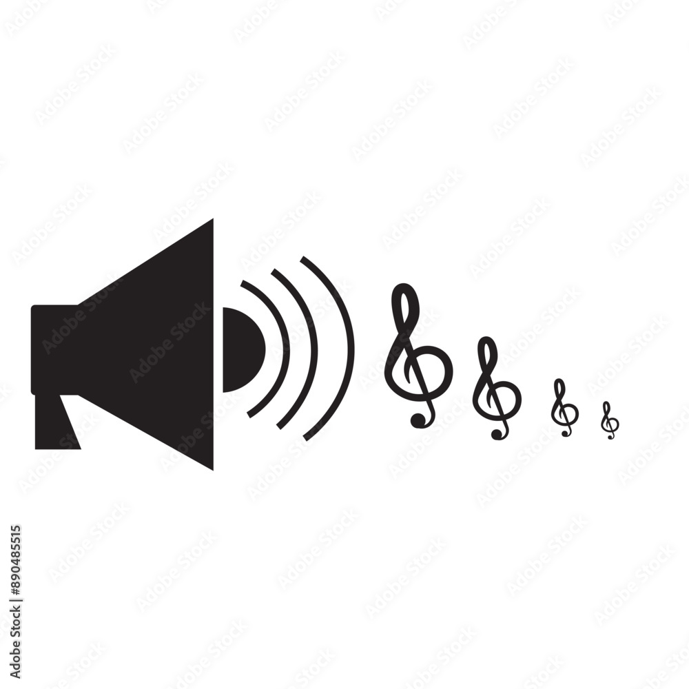 illustration of a speaker icon, silhuoulette of sound icon that emites notes illustration of a speaker icon, silhuoulette of sound icon that emites notes