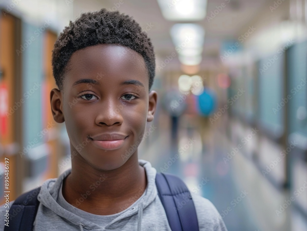 A young boy carrying a backpack in a hallway, possibly going or coming from school A young boy carrying a backpack in a hallway, possibly going or coming from school