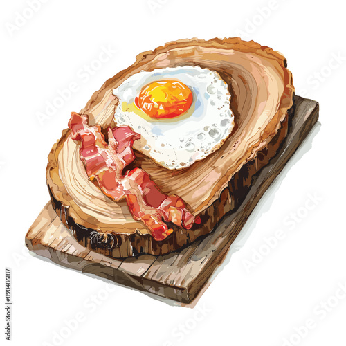 Fried egg with bacon on a wooden plank. Breakfast food illustration.